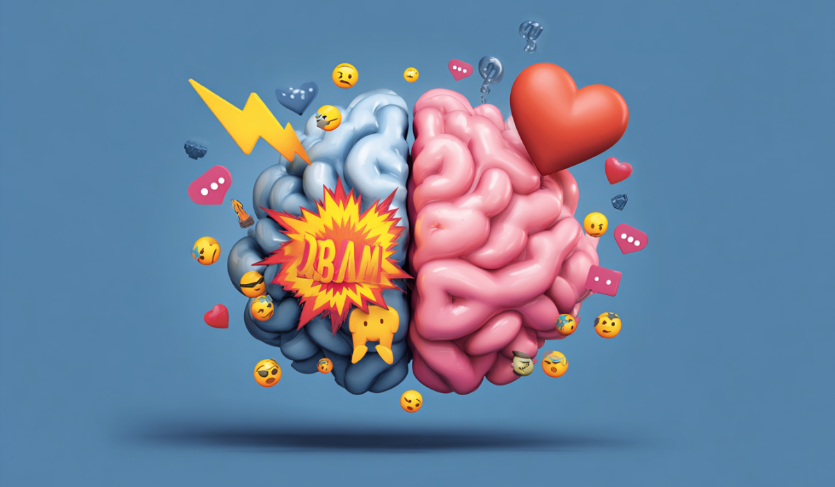 An emoji-style brain divided in two with active emojis one side and calm ones the other.