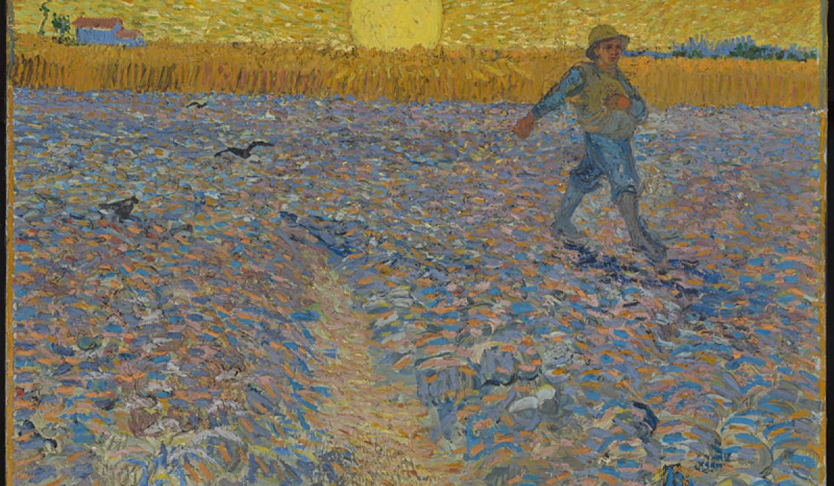 Van Gogh's painting of a sower, walking across a field as the sun sets.