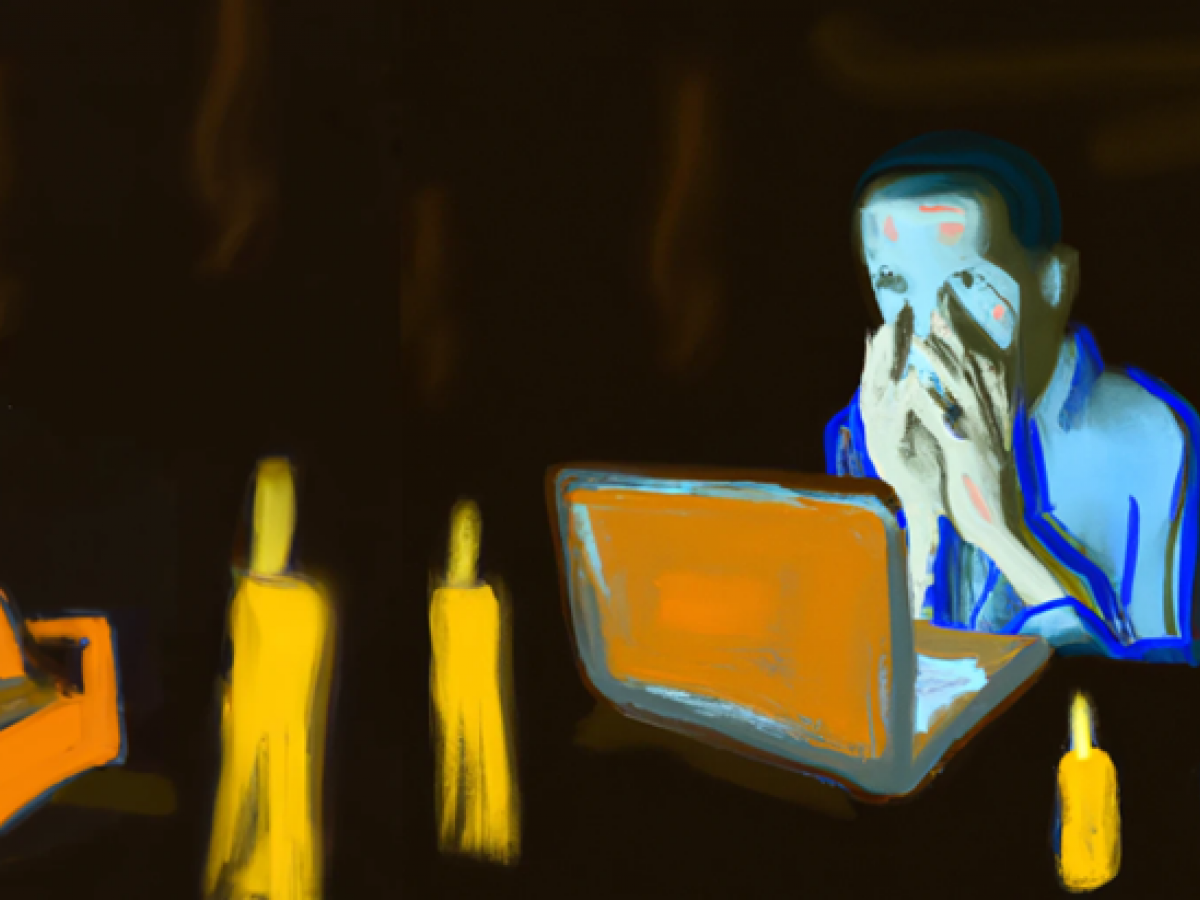 An AI-created painting of a scene comprising a lap top user holding their face, with candles in the foreground