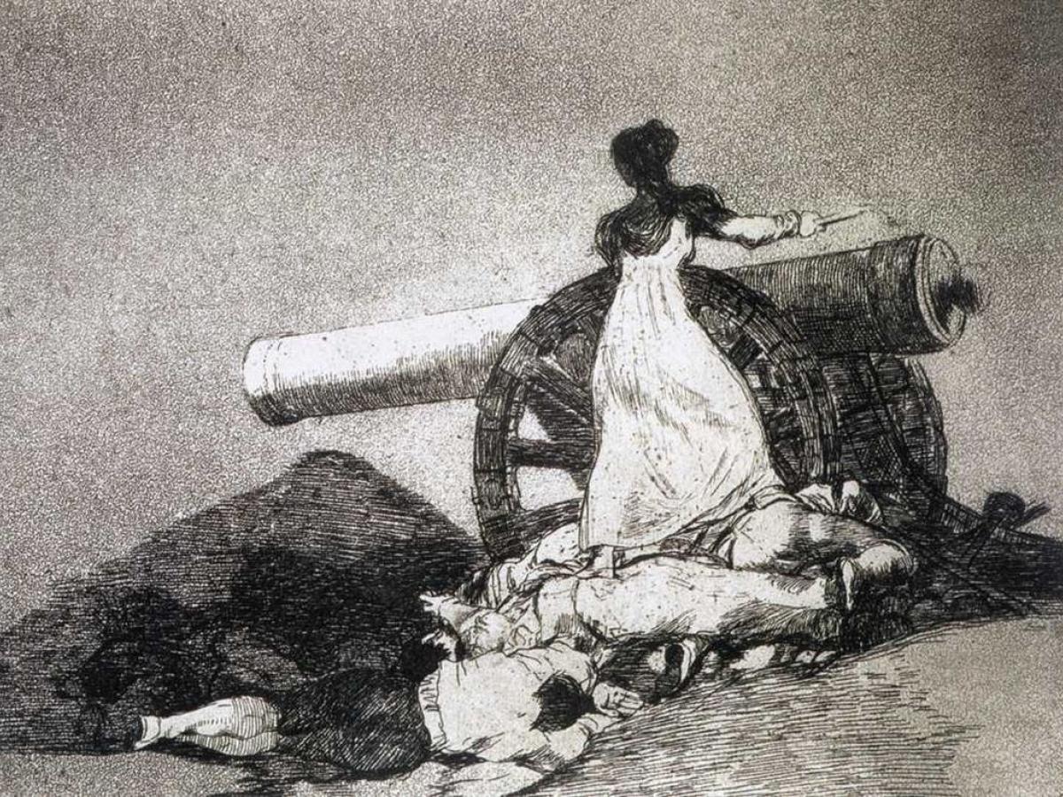 An etching show a woman operating a cannon, while dead comrades lie at her feet.