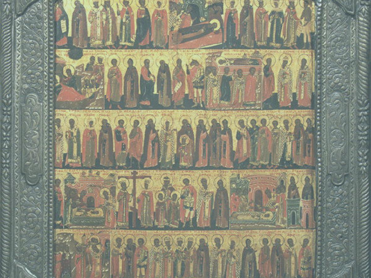 A ancient illustration showing five rows of saints in profile on a book cover.