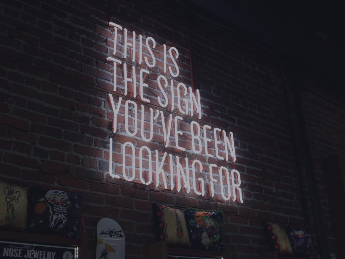 A white neon sign against a brick wall reads: 'This is the sign you have been looking for.
