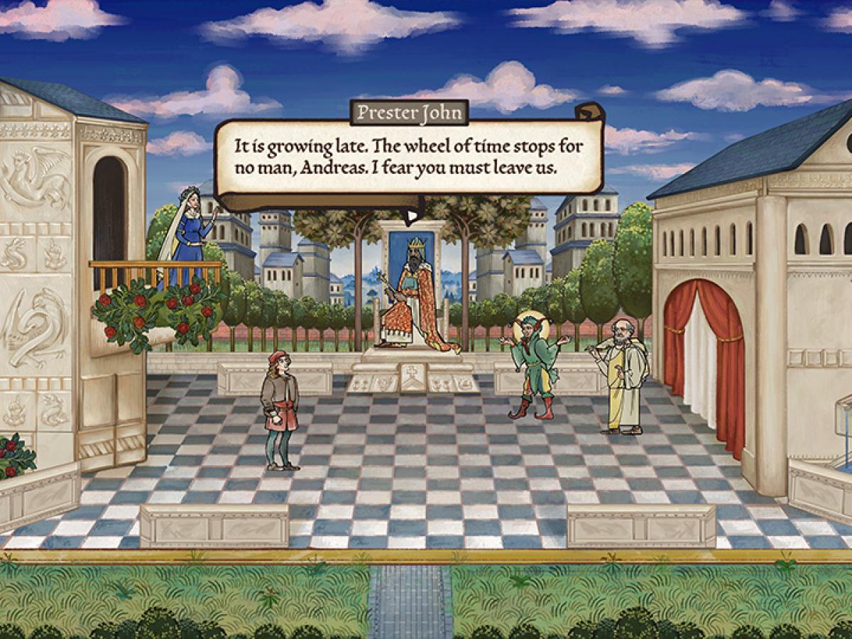 A screen grab of a video game showing a chequered floor amidst classical architecture, with player figures.