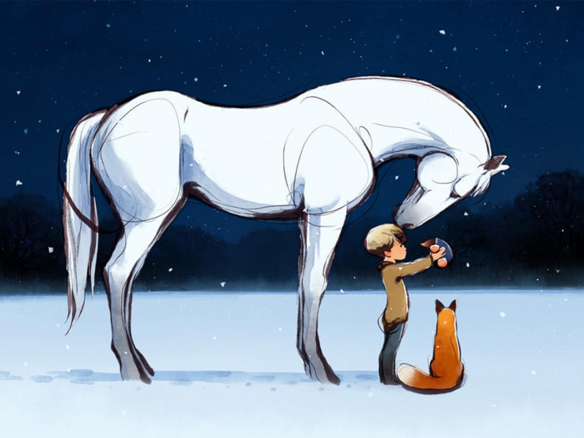 An illustration showing a horse standing, sniffing a mole held by a boy while a seated fox looks on.