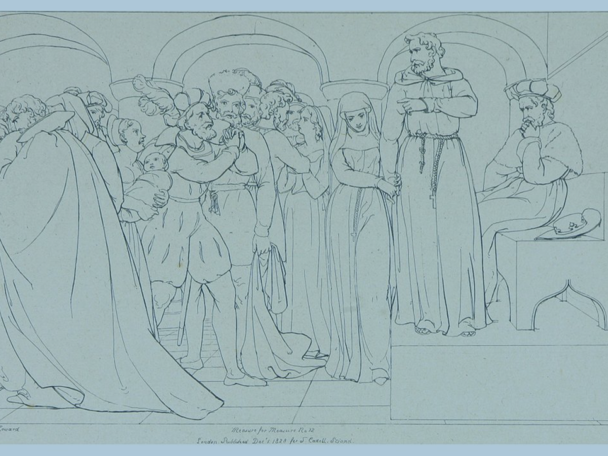 A line illustration of a theatrical play scene showing a crowd waiting on standing and sitting judges to make a decision