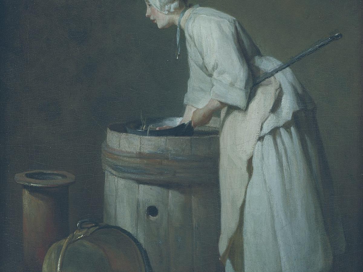 A painting of an 18th Century servant bent over a washing tub.