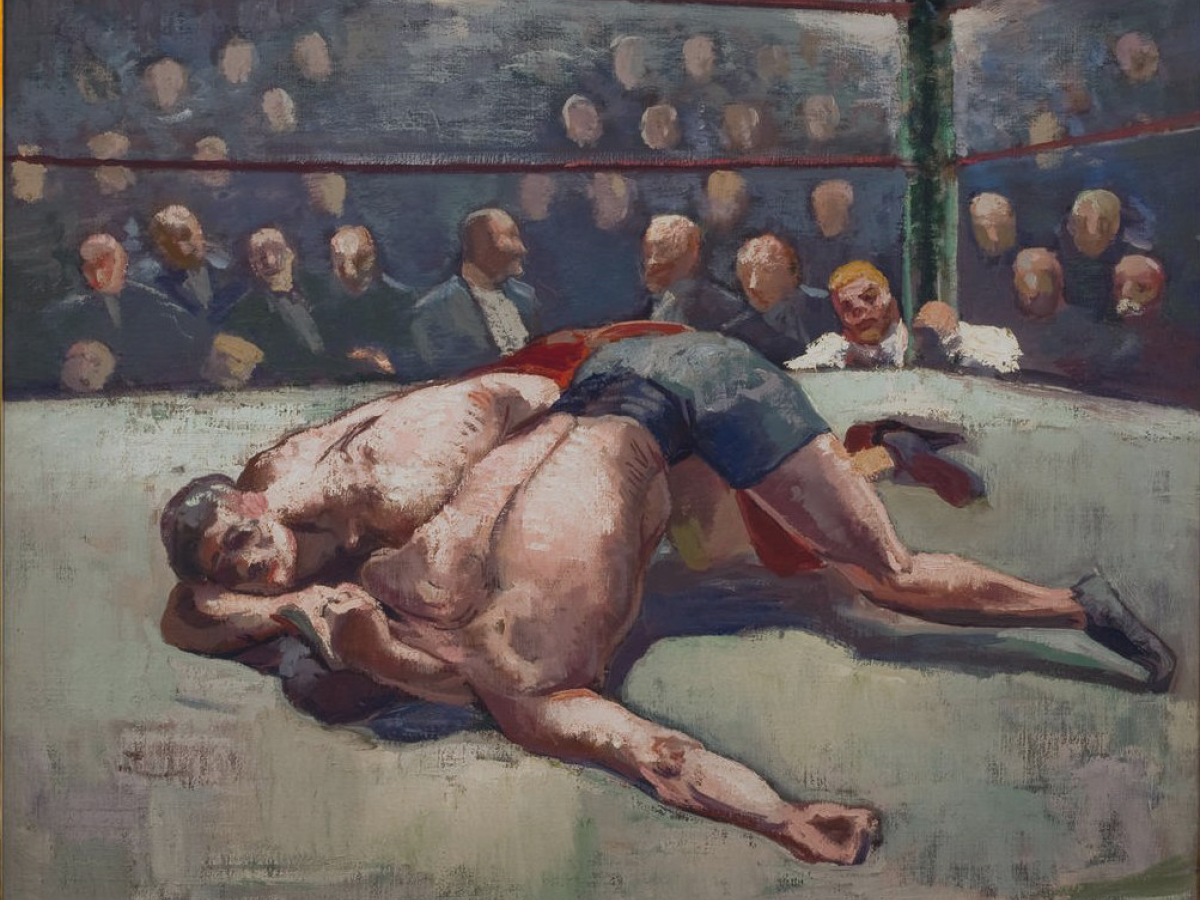 A painting depicts two wrestlers on the ring mat, watched by eager fans.