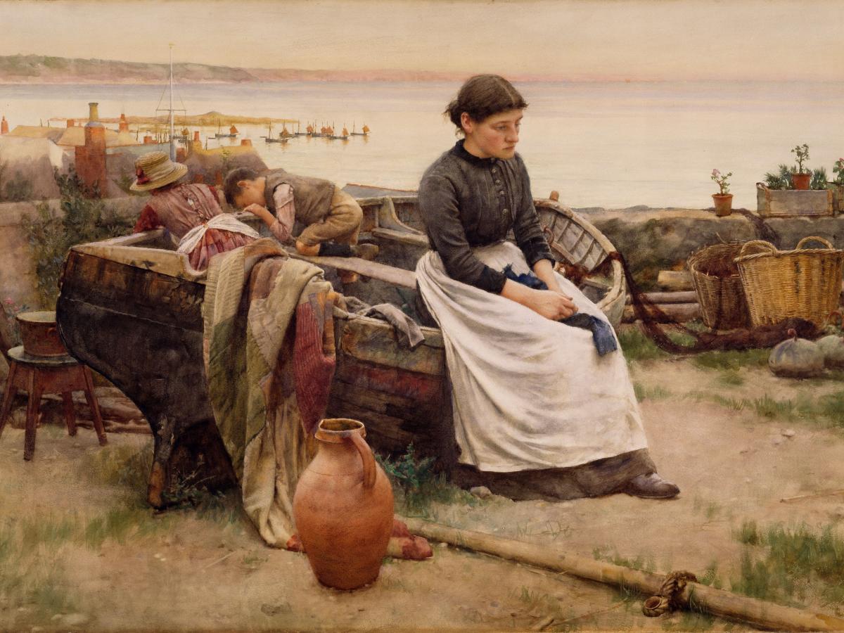 A Victorian fisherwoman sits on a beached boat, shoulder slumped.