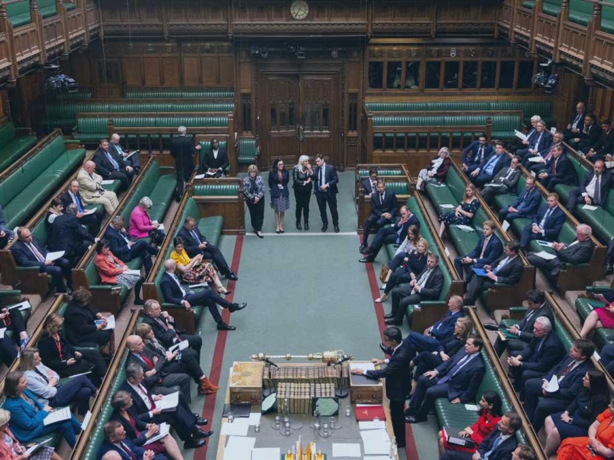 an aerial view down in to the parliamentary chamber shows MPs sitting on benches on the left and right hand side