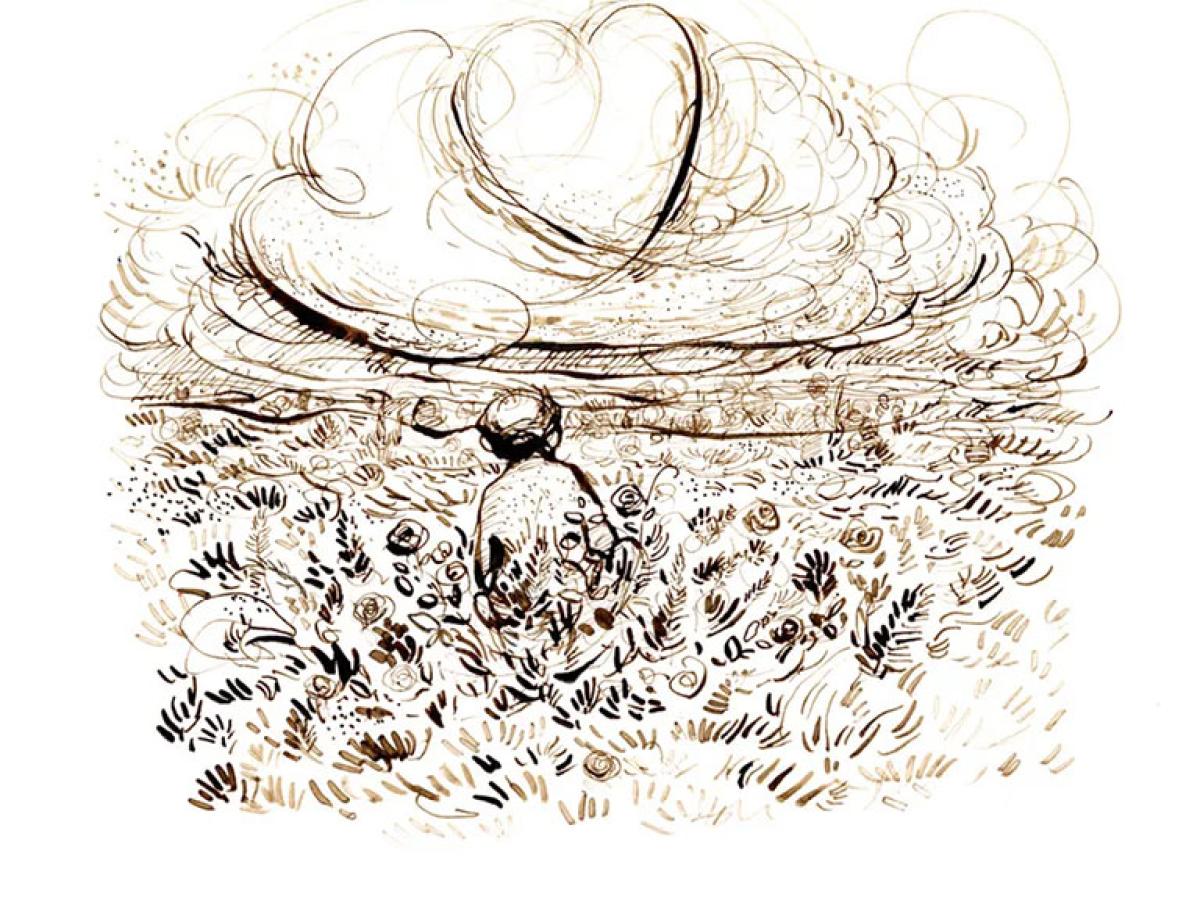 A illustration of a boy sitting in a  field with his back to us, above him is a heart shaped cloud.