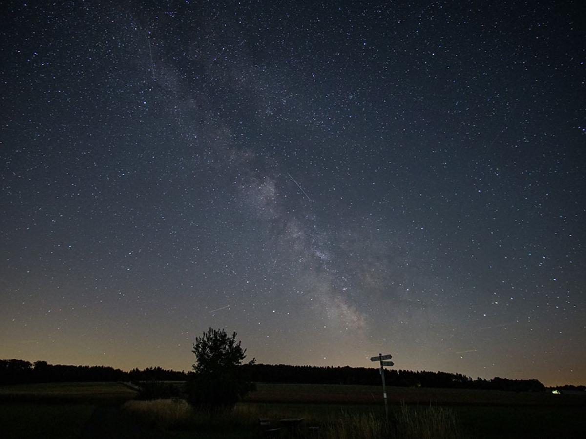 A starry night sky below which a signpost is silhouetted.