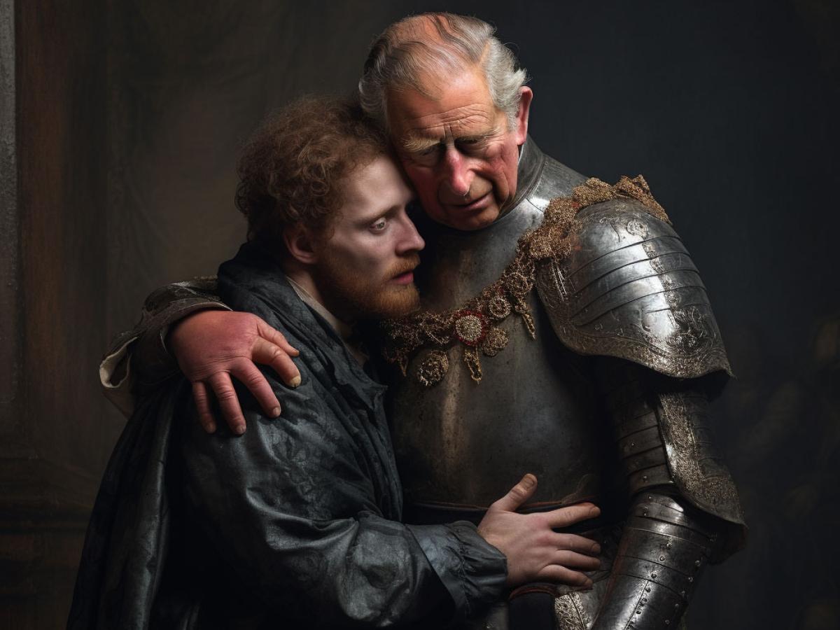 In the style of a Rembrandt painting Prince Harry embraces his father King Charles.