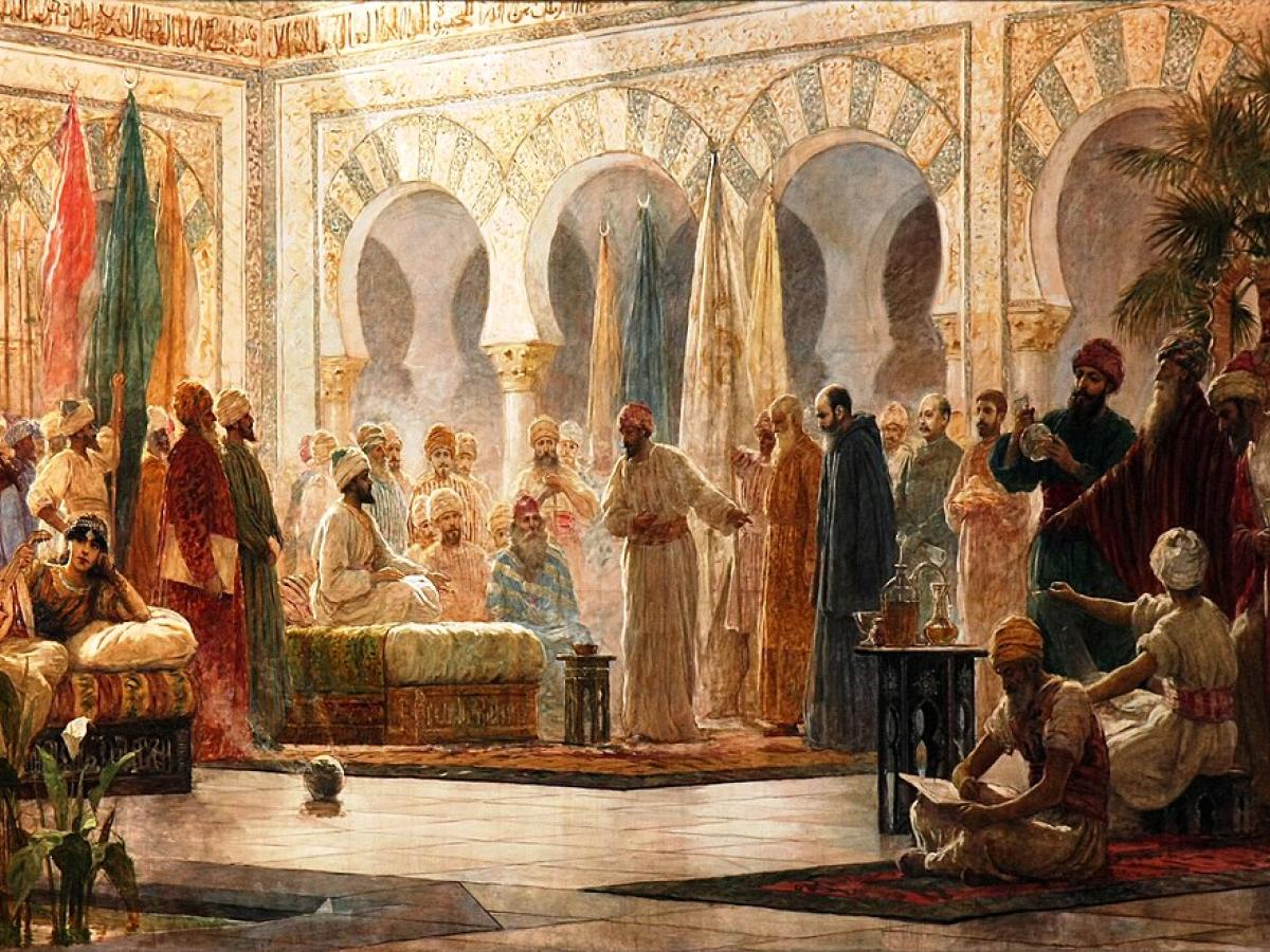 A painting of a Sultan's court gathering round as a ambassador is presented.