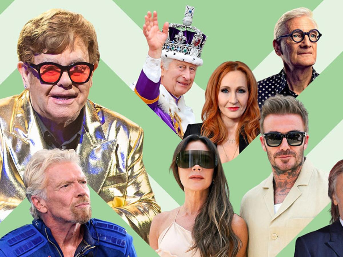 A collage of famous, rich, people such as King Charles, Elton John and others.