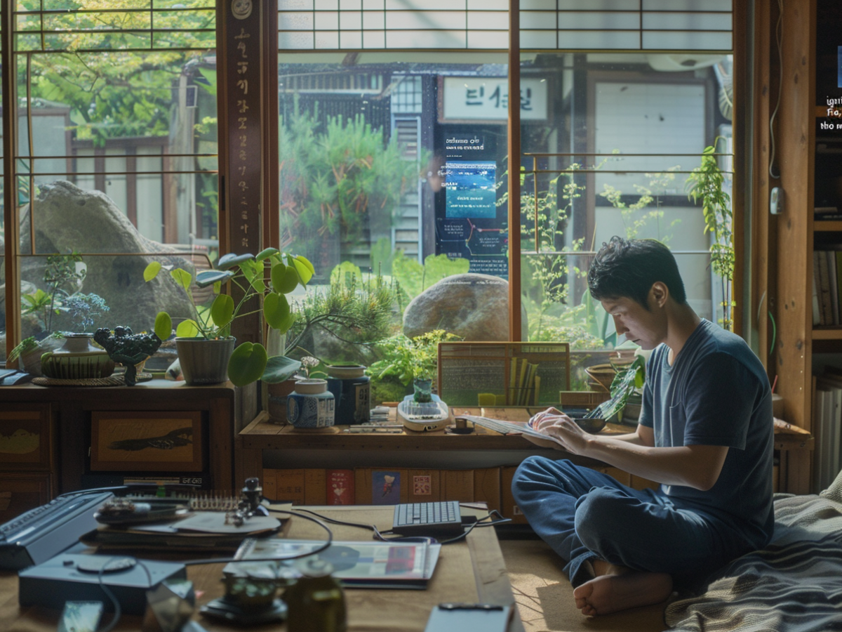 An AI-generated image of a man folding a paper plan in a relaxed lounger, around him are creative tools and screens giving status updates are visible.