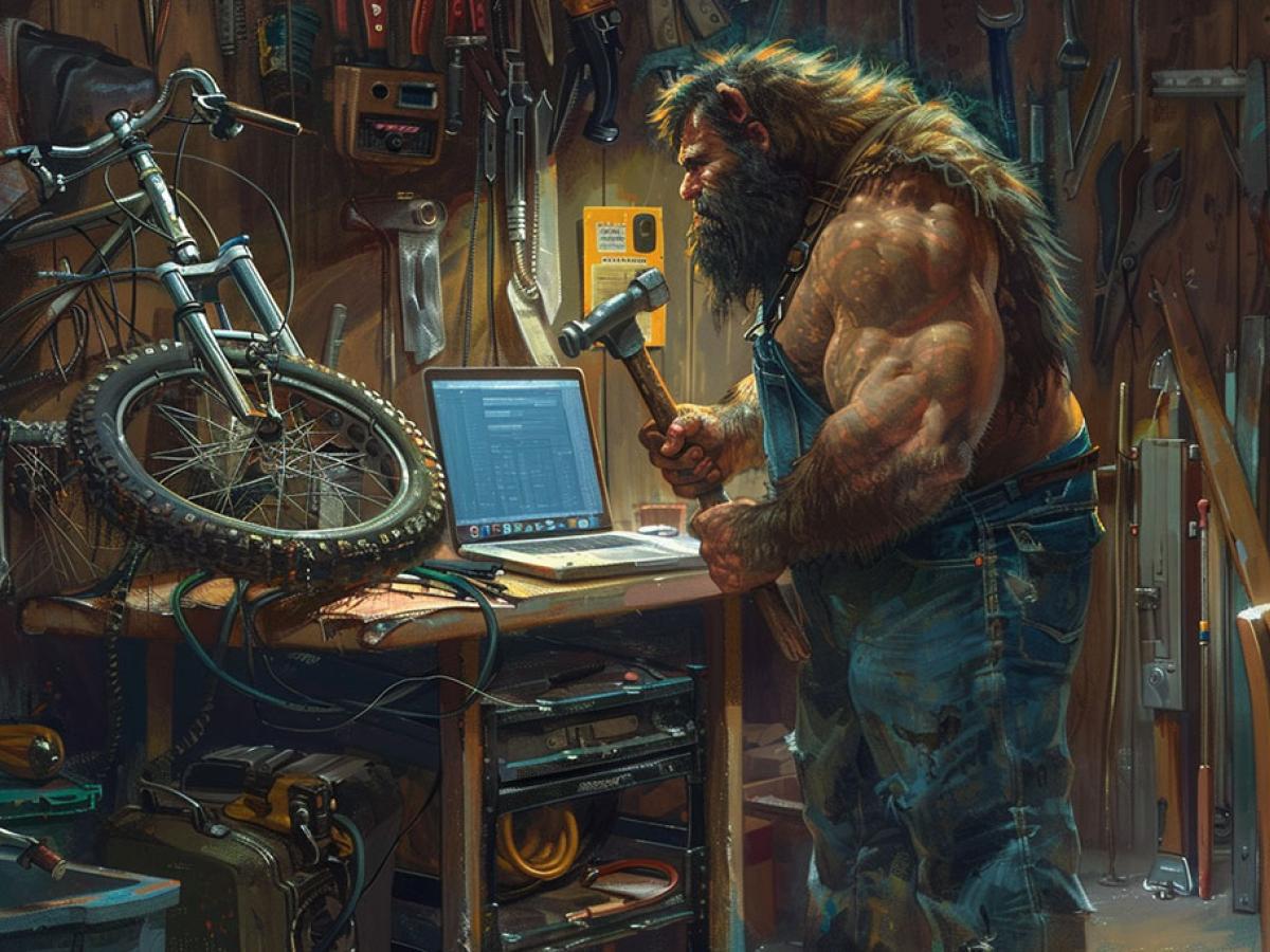 A caveman holding a hammer looks at a bench on which are a broken bicycle and a laptop.