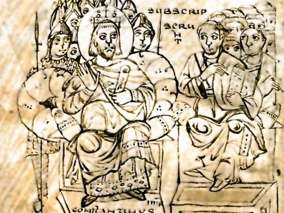 A ink drawing of Constantine the Emperor on a throne listening to people showing him books.