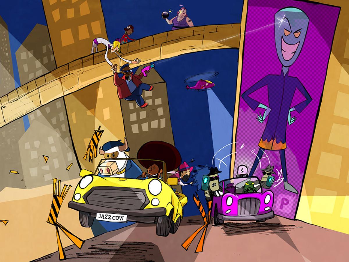  A cartoon chase sees a car driven by a cow escaping from a car of baddies under a giant poster of their villainous boss.