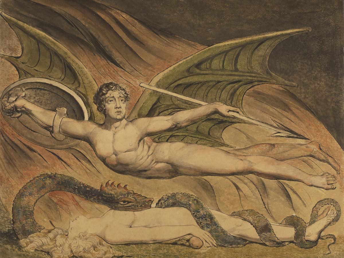 William Blake's illustration of Satan, a winged angel, flying over a prone Eve.