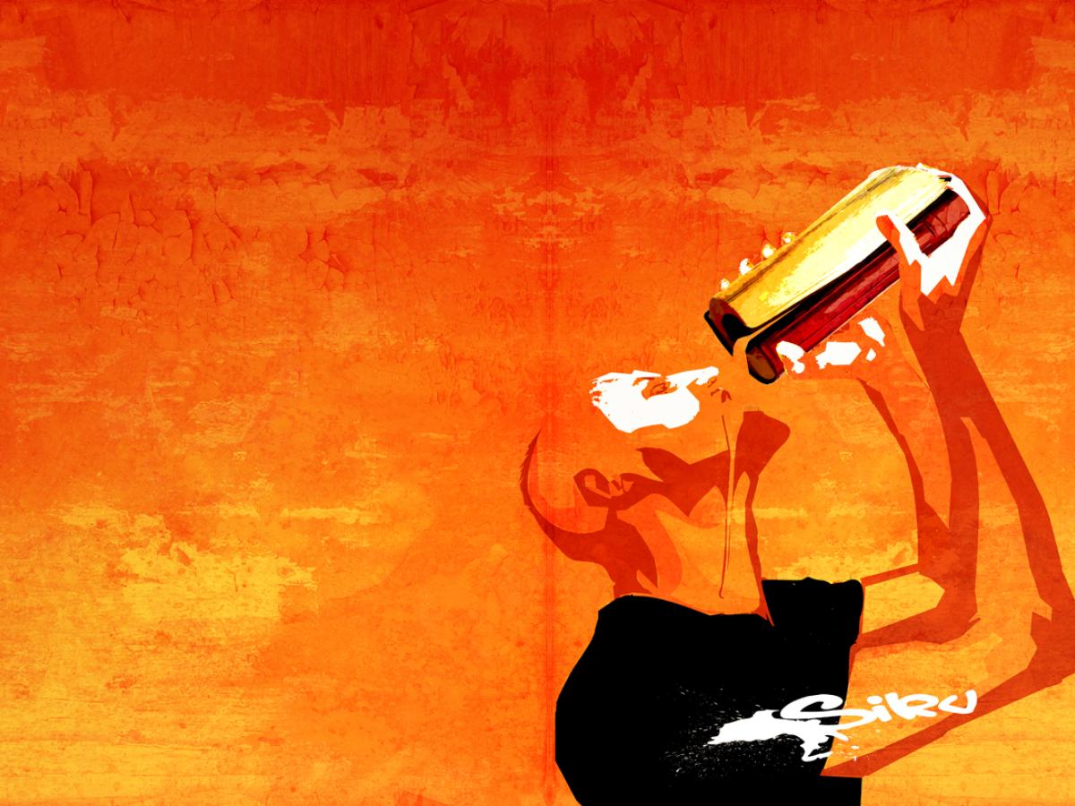a comic book style image of a thirsty man drinking from a vessel.