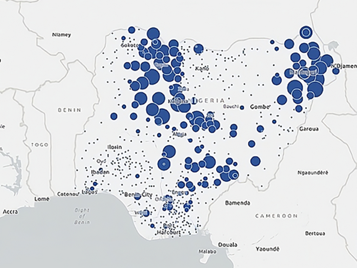 A data map shows circles of varying size across a map of Nigeria