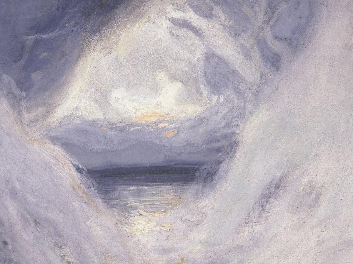 An abstract depiction of The Creation shows an aperture in a cloud like formation over water.