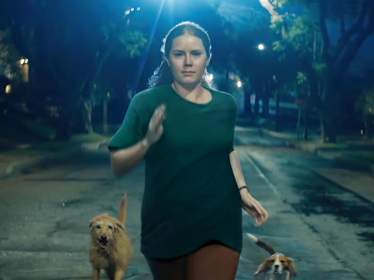 A woman runs down a street at night accompanied by dogs