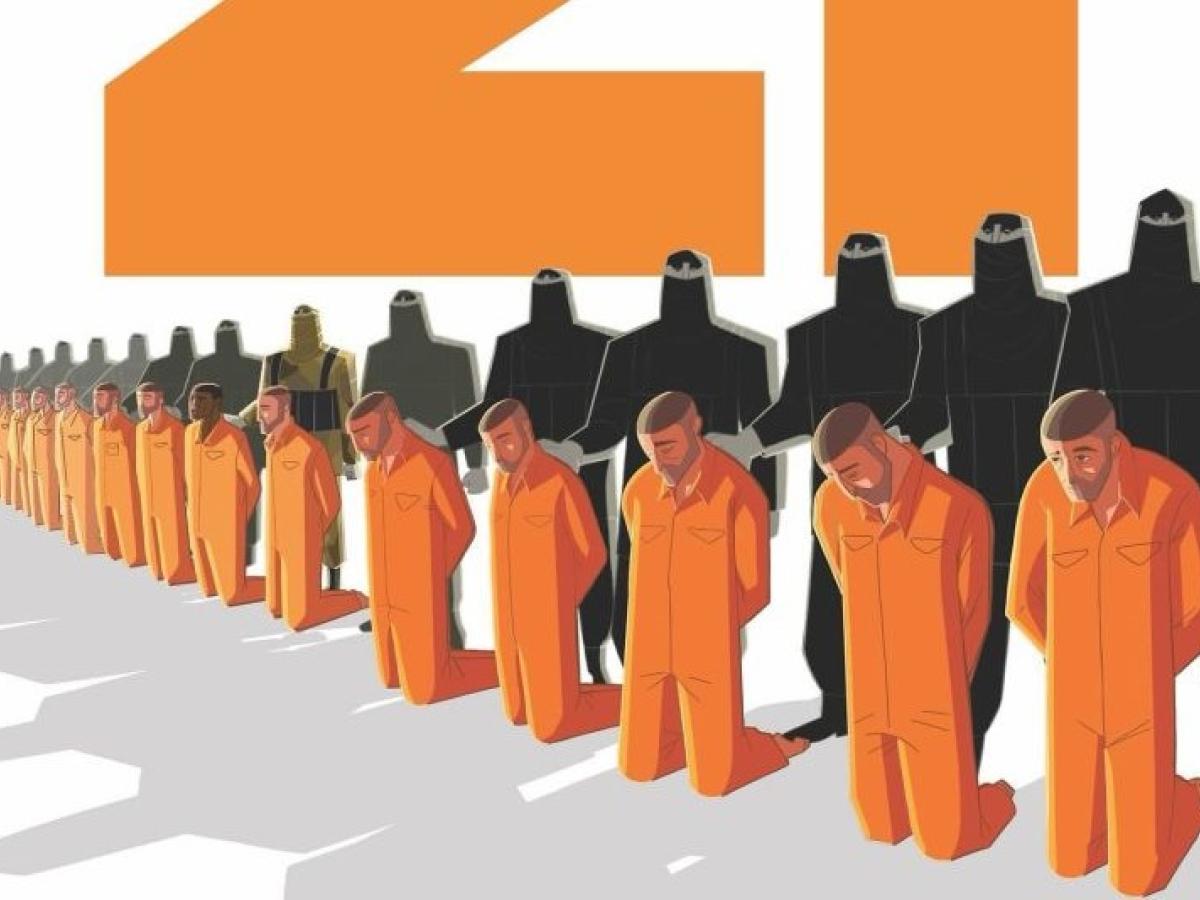An graphic image shows 21 men in orange suits kneeling in front of executioners in black.