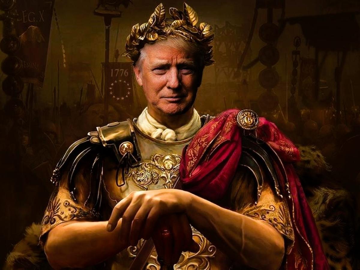 A montage shows Donald Trump as a Roman emperor leaning on a sword