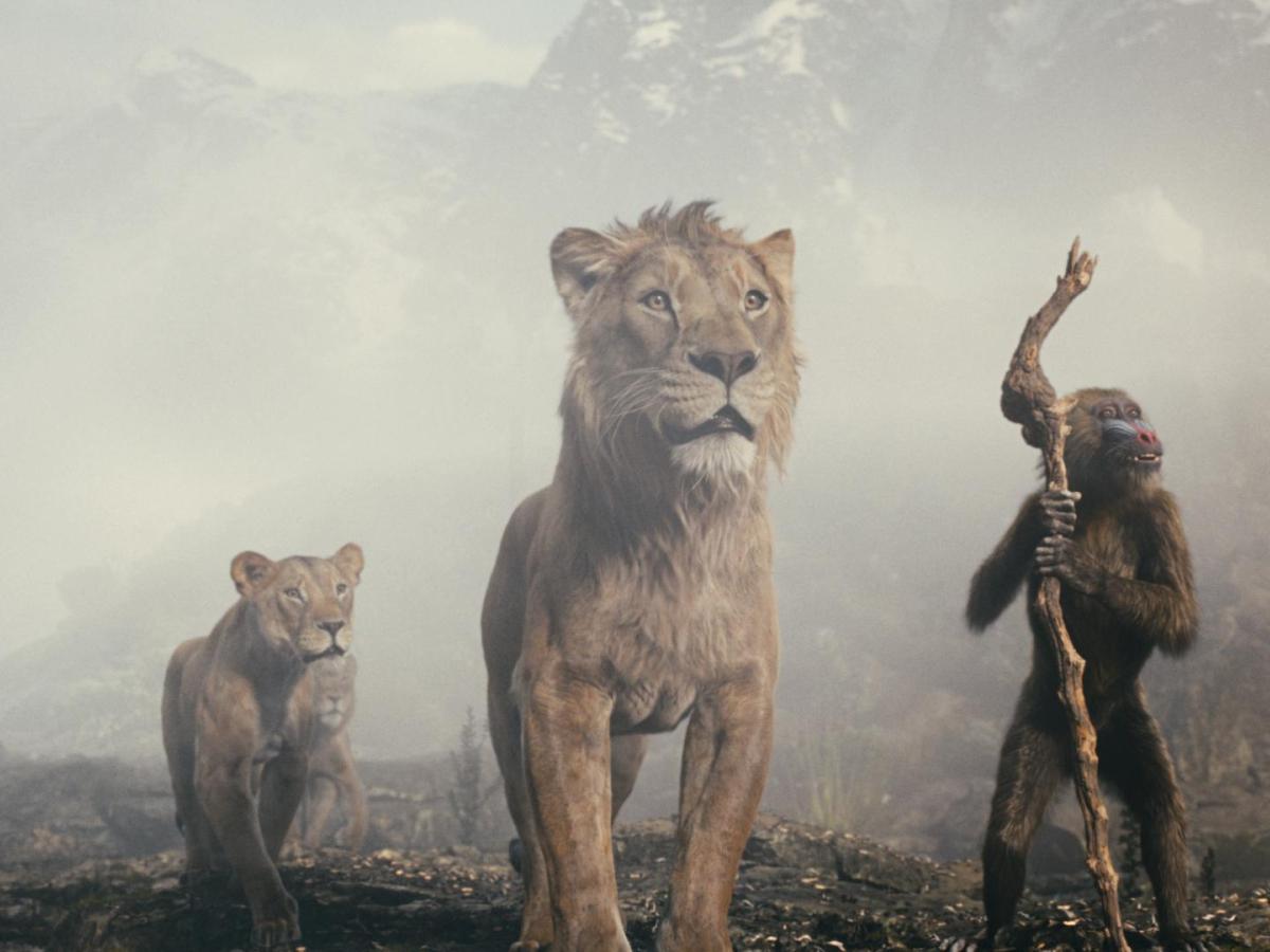 Life-like animated lions and a monkey walk towards the viewer.