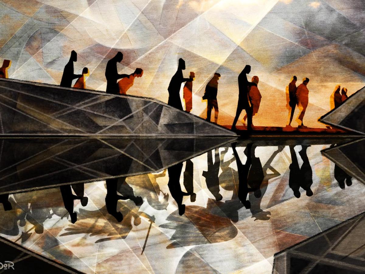 An animated scene shows a dark sky under which prisoners are marched along a river.