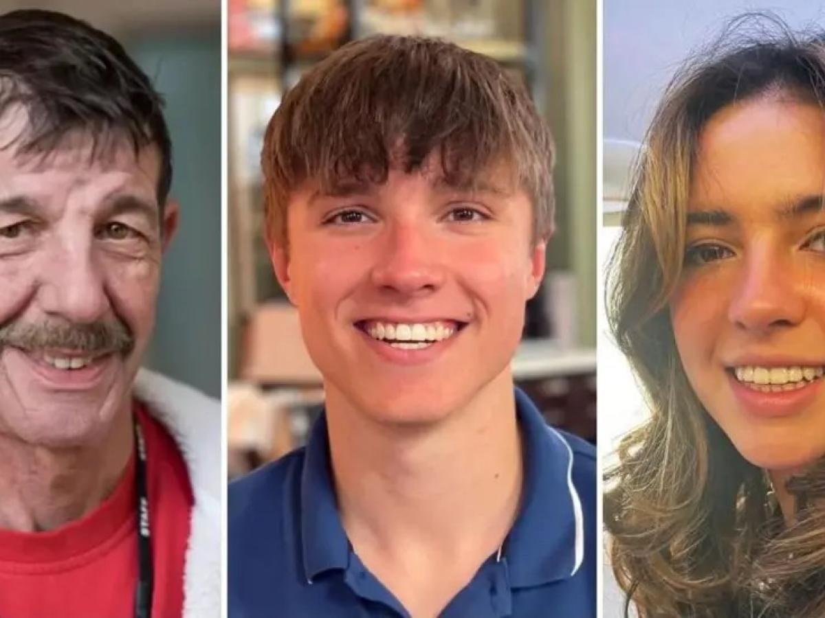 A montage shows three people, an older man, a young man and young woman.