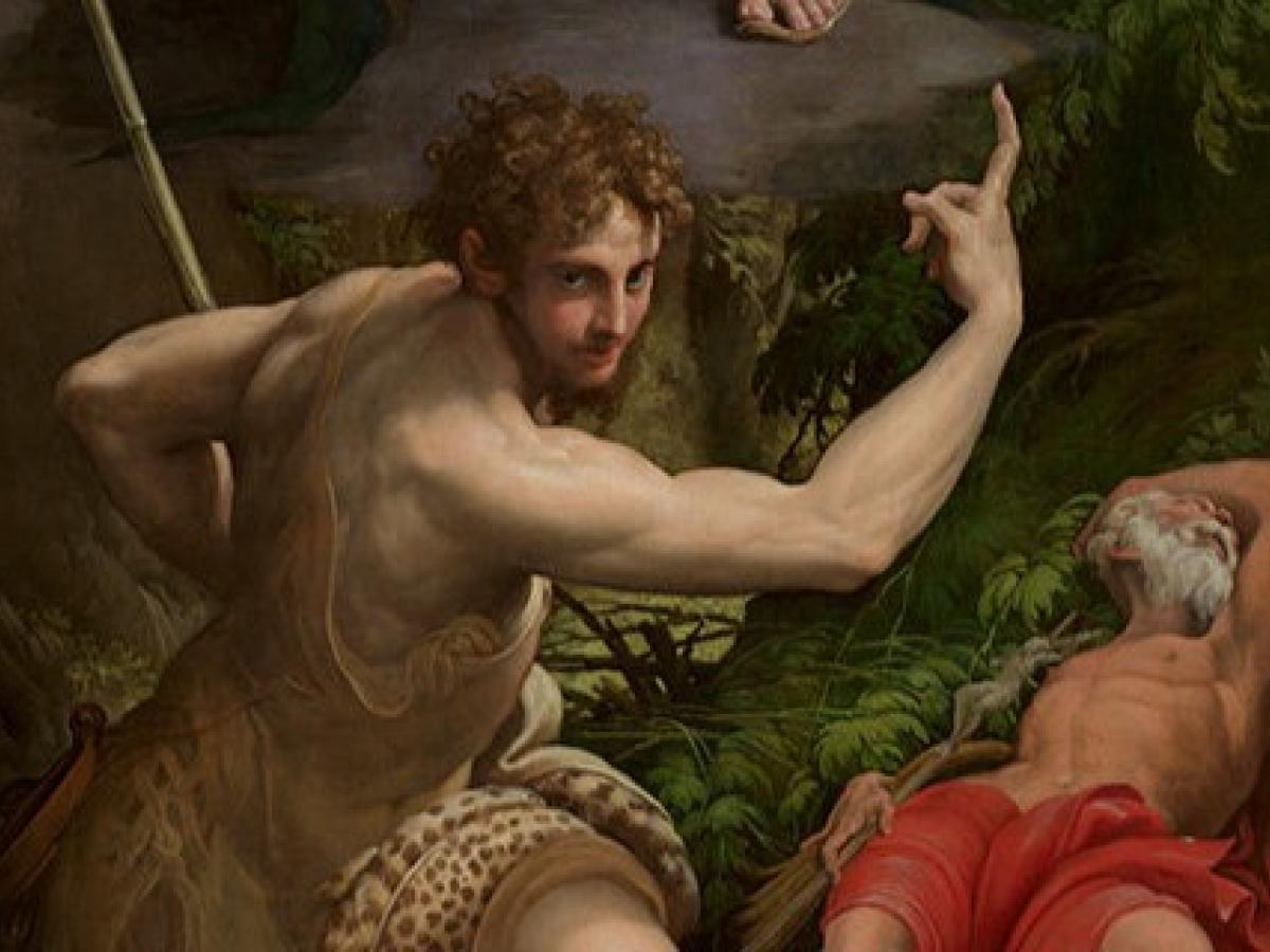 A painting depicts a man a prophet pointing skywards while another person sleeps on the ground