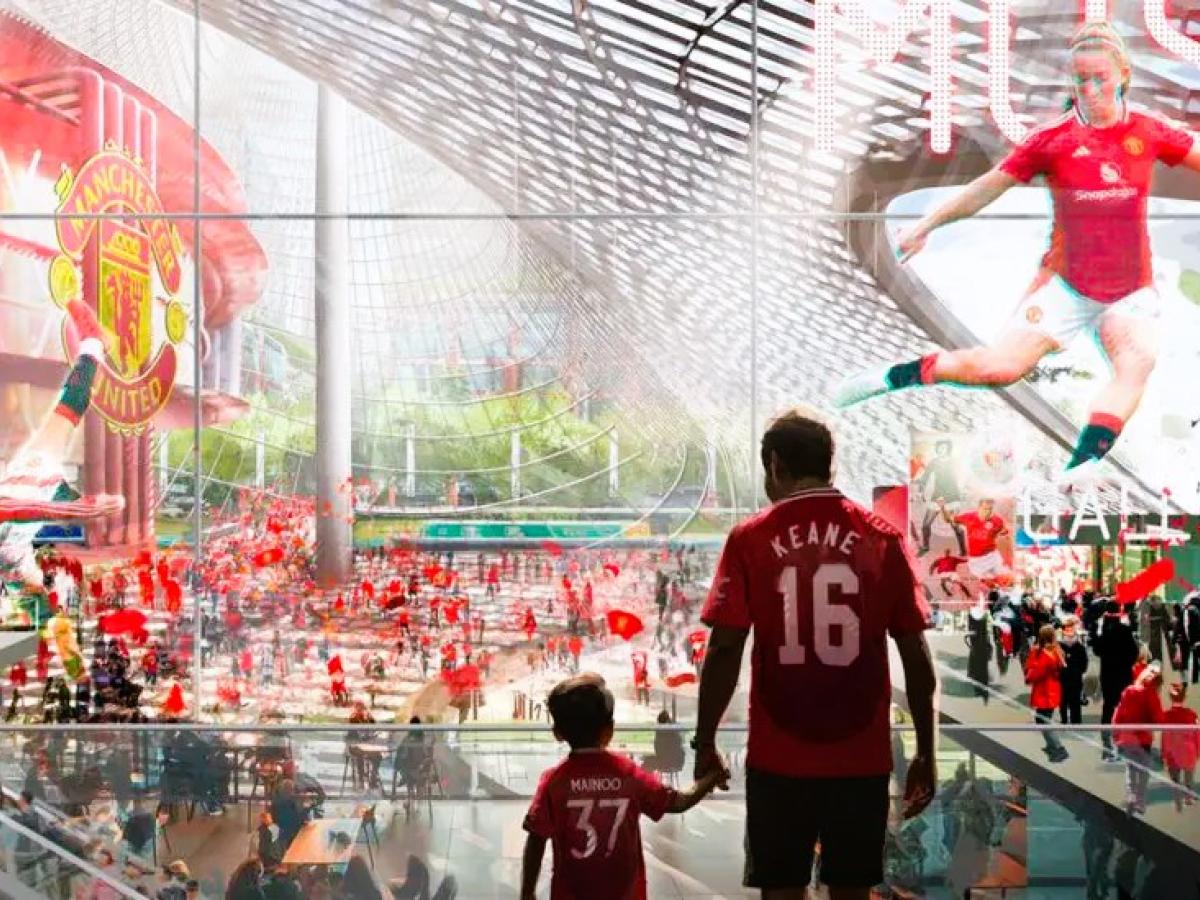 A CGI image of a son and dad holding hands on the concourse of a modern stadium.