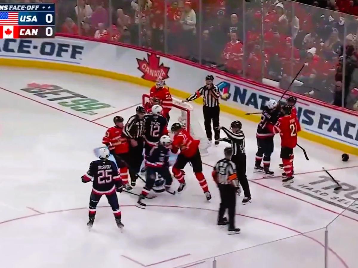Ice hockey players fight in front of a goal