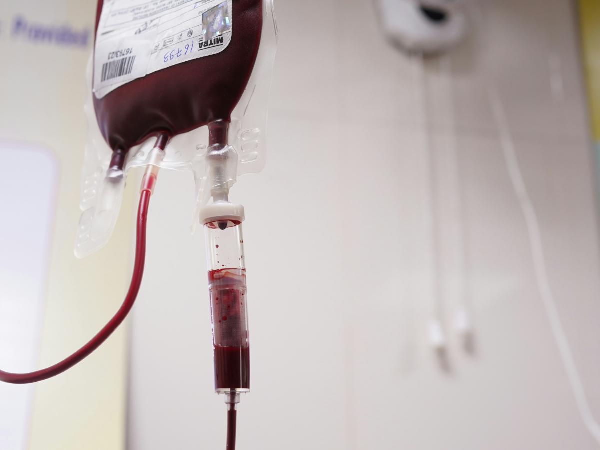 A bag of blood connected to a drip.