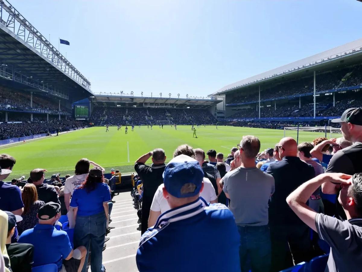 Football fans wearing blue stand and watch a match in a stadium.