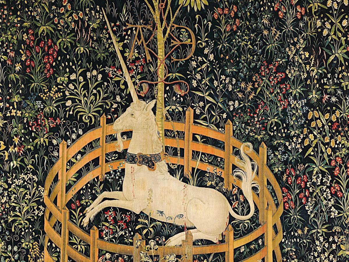 A tapestry depicts a unicorn resting within a fenced enclosure.