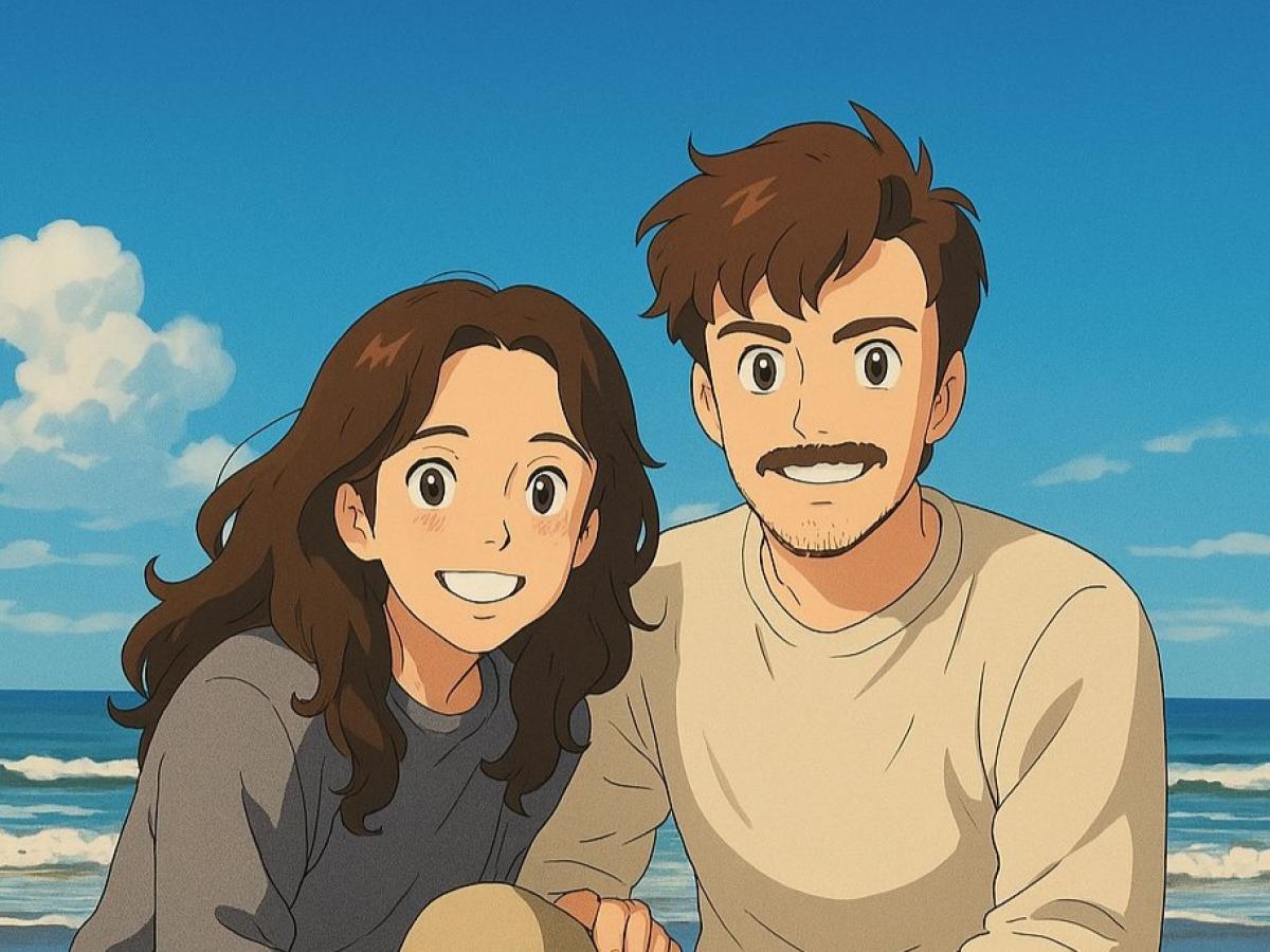 A couple crouch together on a beach in a Studio Ghibli style image.