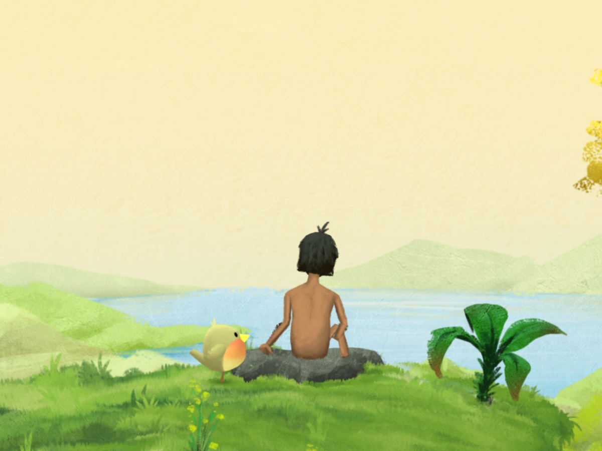 A mobile game still shows a robin standing close to a seated man.