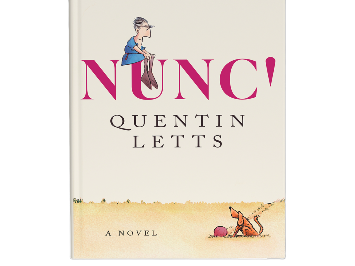 A book cover shows a cartoon man sitting on the title text while a dog sits below.