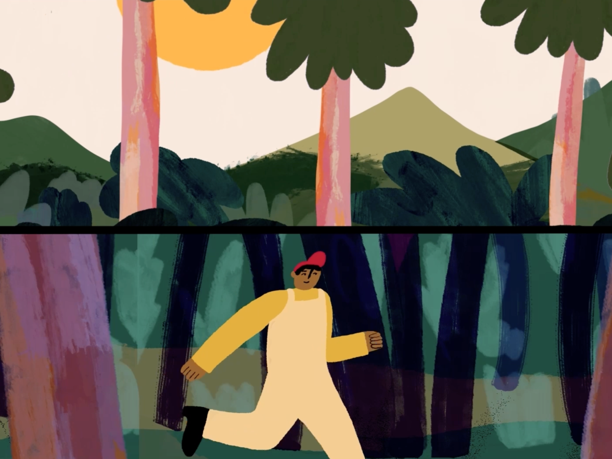 An animated man runs through a jungle.
