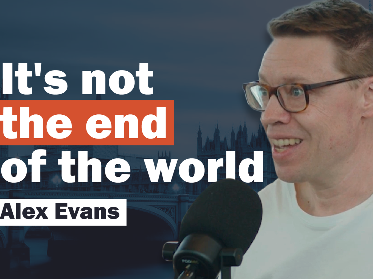 A video grab of a man talking with text beside him reading: it's not the end of the world.