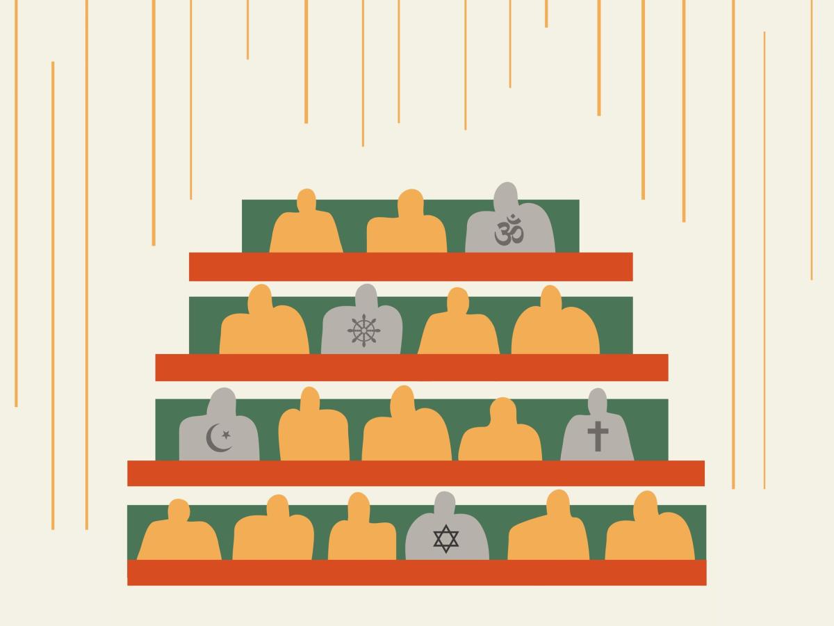 A graphic shows a gallery of people with religious symbols on their clothing.