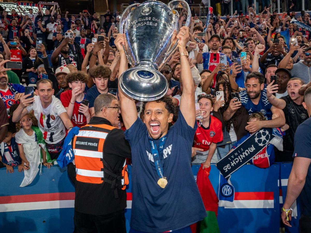 A footballer holds up the European cup, behind him fans are jubillant.