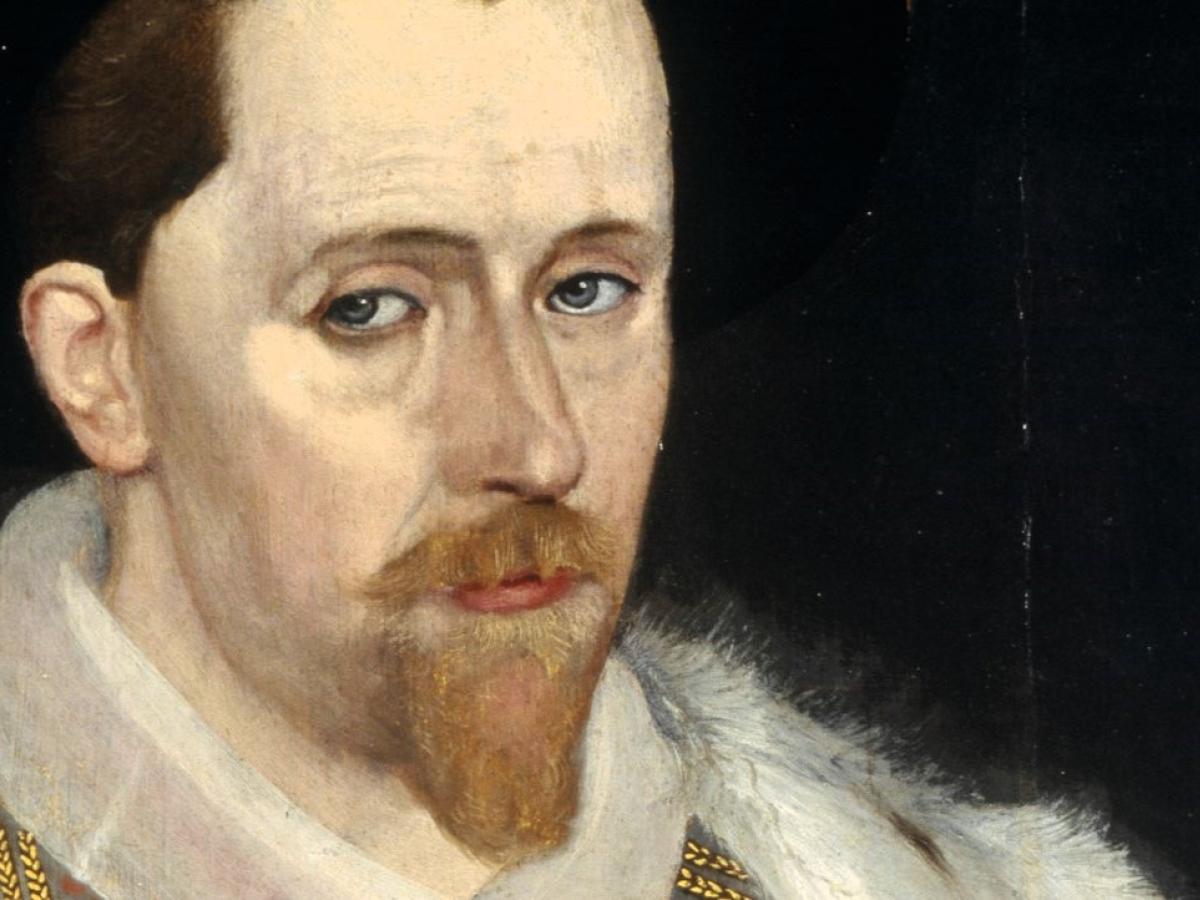 A portrait of King James VI, his eyes fix the viewer.