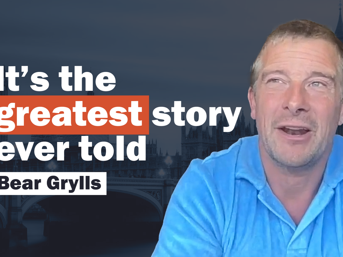 Bear Grylls talks next to a caption reading 'it's the greatest story ever told.