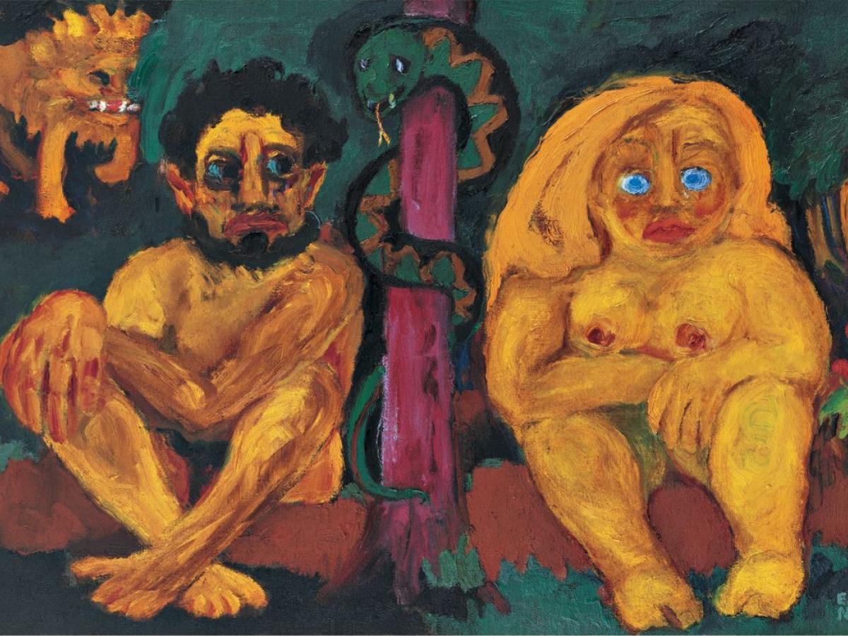 A painting show Adam and Eve wide-eyed after the fall.