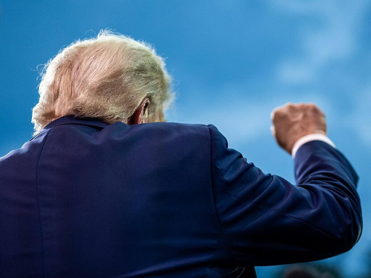 Viewed from behind, Trump raises a fist.