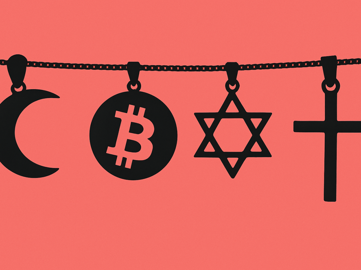 An image show a braclet that has a bitcoin symbol beside a cross, a crescent and a Star of David.